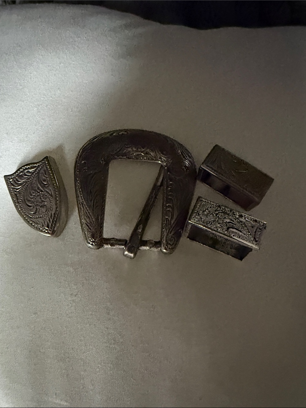 Vintage Silver-Tone Engraved Belt Buckle 4 piece Set